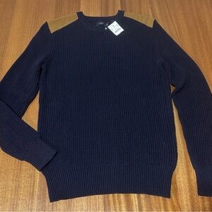 J.Crew Men’s S Navy Cotton Sweater Suede Shoulder Patch Knit Pullover NWT Small